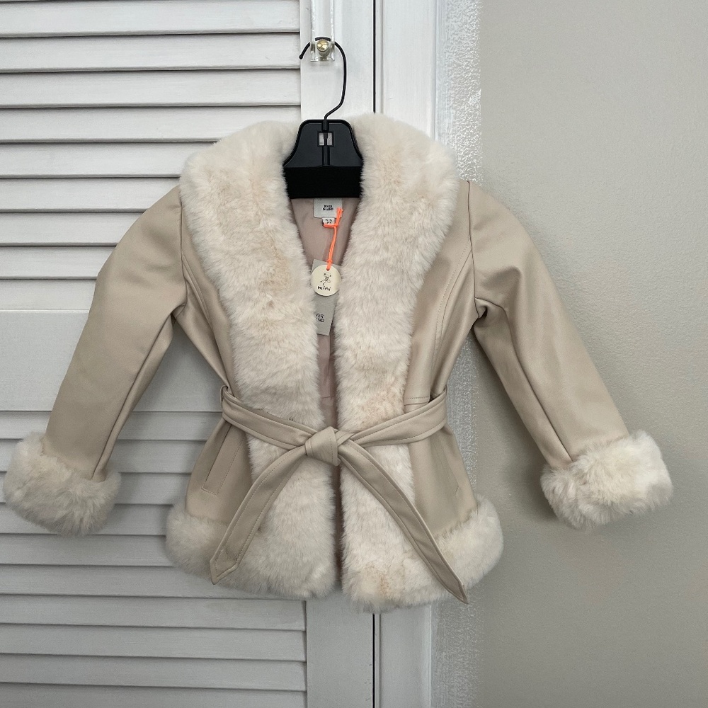 Girls Faux Cream Leather Coat